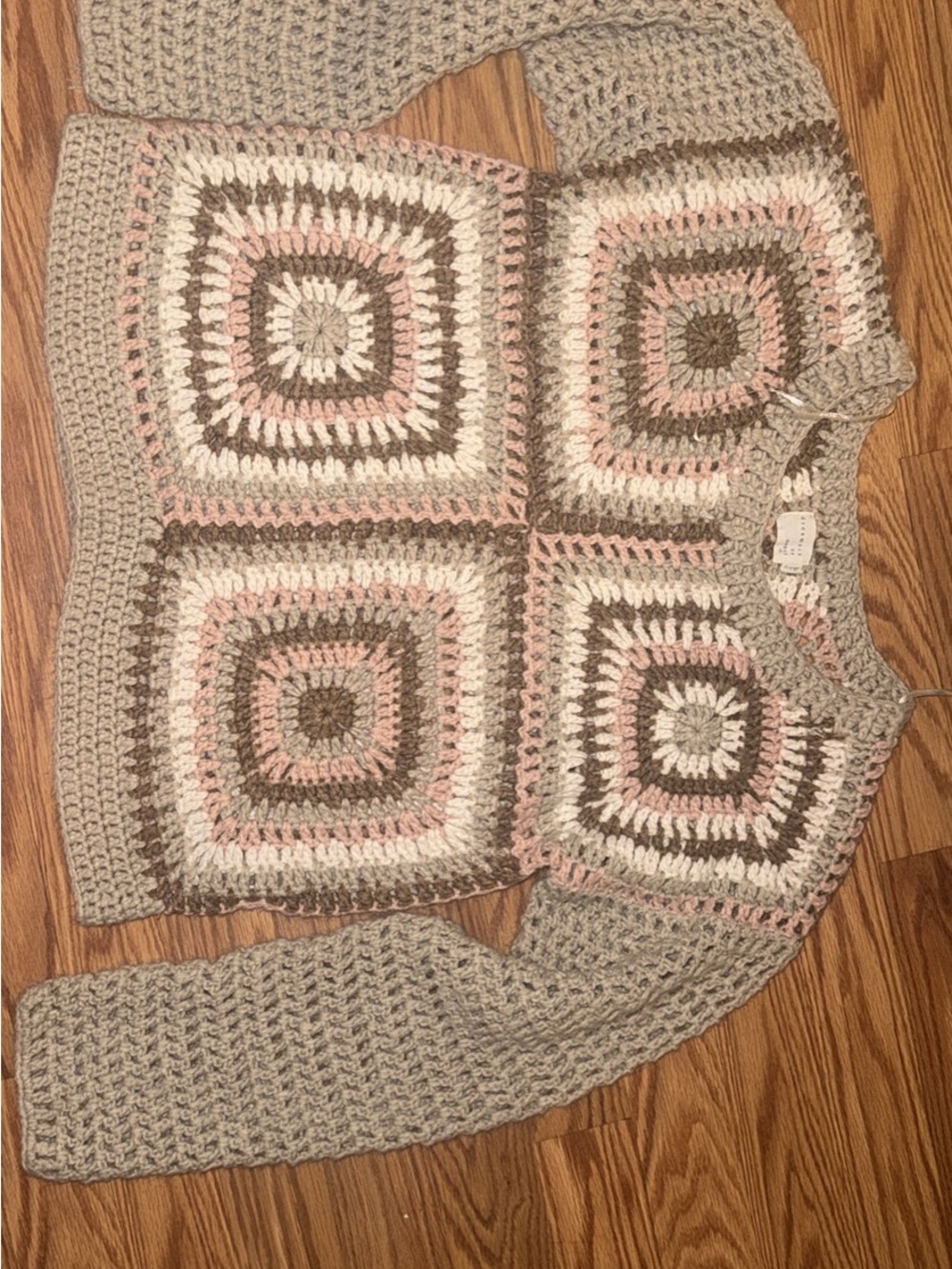 Crochet Square Patchwork Crewneck Sweater in Pink, Gray, Cream, and Brown